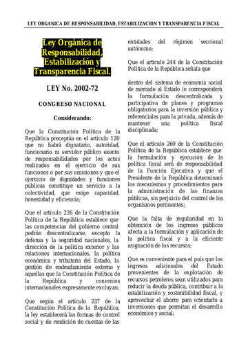 LEY ORGÁNICA DE RESPONSABILIDAD, ESTABILIZACIÓN Y TRANSPARENCIA FISCAL