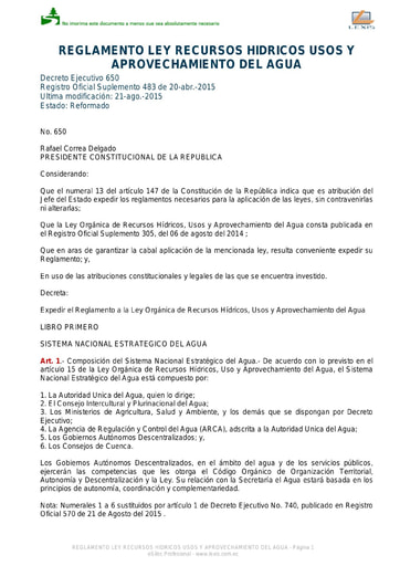 REGLAMENTO LEY RECURSOS HÍDRICOS USOS Y APROVECHAMIENTO DEL AGUA